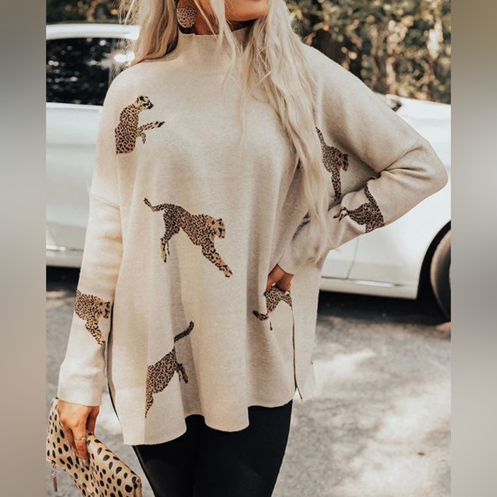 Entro Cream Leopard Print Turtleneck Sweater